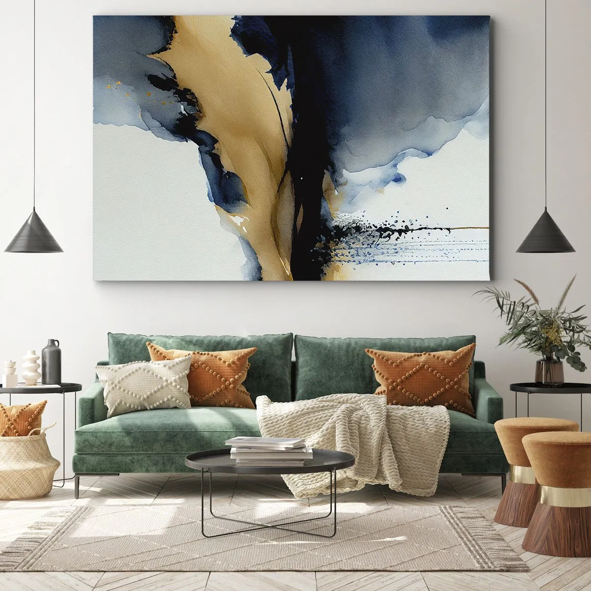 Obraz na plátne - Abstraktná kompozícia v odtieňoch tmavomodrej a zlatej - 70x50cm - Za závojom - Moderná nástenná dekorácia do obývacej izby a spálne ARTTOR