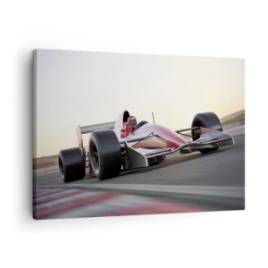 Obraz na plátne - Červené auto Formuly 1 na pretekárskej dráhe počas jazdy - 70x50cm - Vždy víťaz - Moderná nástenná dekorácia do obývacej izby a spálne ARTTOR