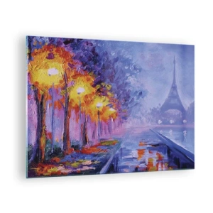 Obraz na skle - Večerná prechádzka Parížom s Eiffelovou vežou - 70x50cm - Prechádzka snov - Moderná nástenná dekorácia do obývacej izby a spálne ARTTOR