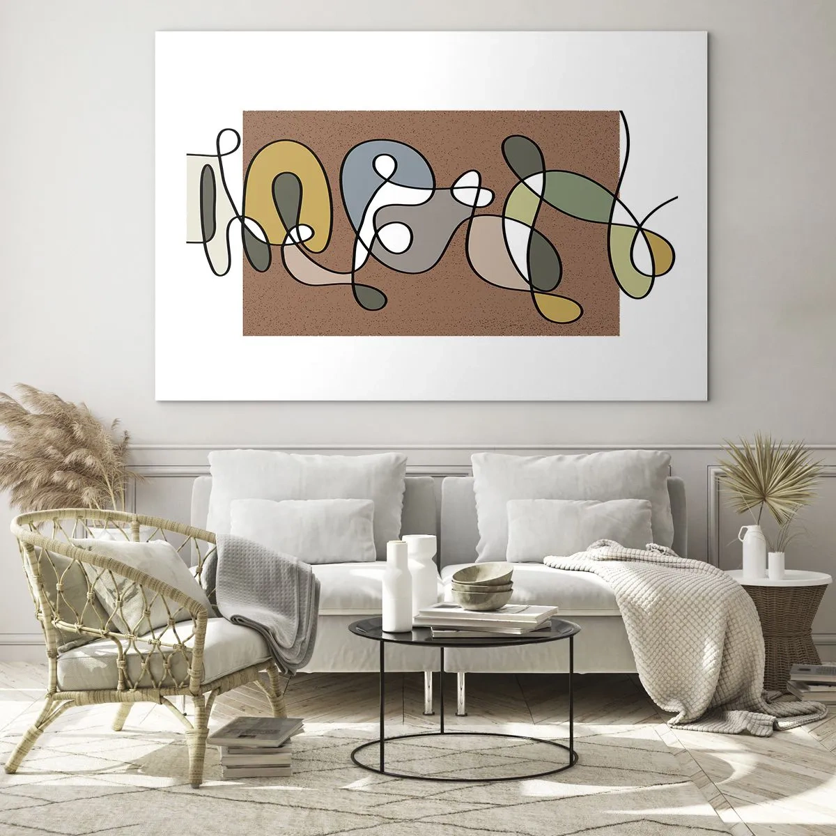 Obraz na skle - Farebná abstrakcia s čiernou čiarou na hnedom pozadí - 70x50cm - Abstrakcia, ktorá stojí za úsmev - Moderná nástenná dekorácia do obývacej izby a spálne ARTTOR