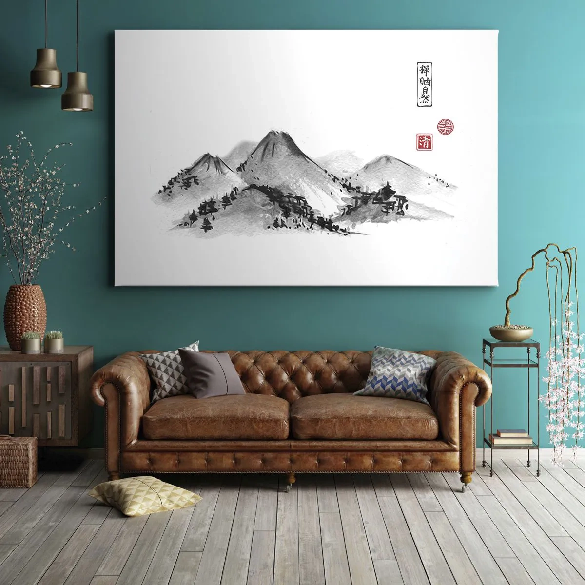 Obraz na plátne - Tradičná horská krajina v štýle japonskej maľby tušom - 70x50cm - Za hranicou vzdialenosti - Moderná nástenná dekorácia do obývacej izby a spálne ARTTOR