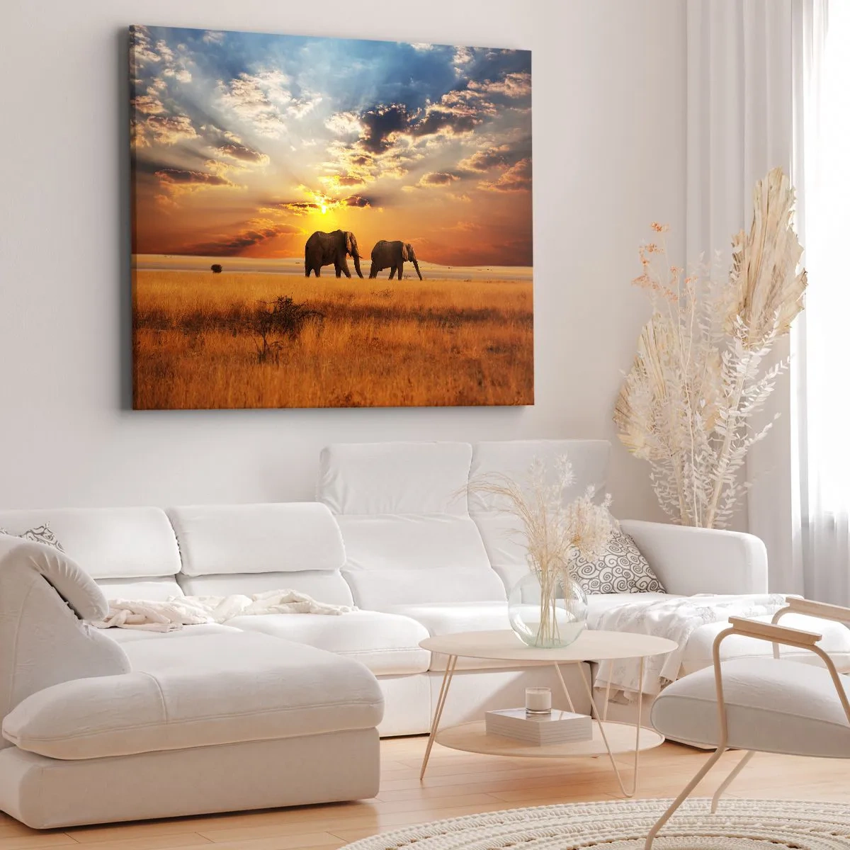 Obraz na plátne - Slony na savane pri západe slnka - 70x50cm - Rodinná prechádzka - Moderná nástenná dekorácia do obývacej izby a spálne ARTTOR
