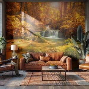 Fototapeta Standard Eco - Zlatý vodopád obklopený jesenným lesom v lúčoch slnka - 100x70cm - Lesný vodopád v zlate - Moderná nástenná dekorácia do obývacej izby a spálne ARTTOR