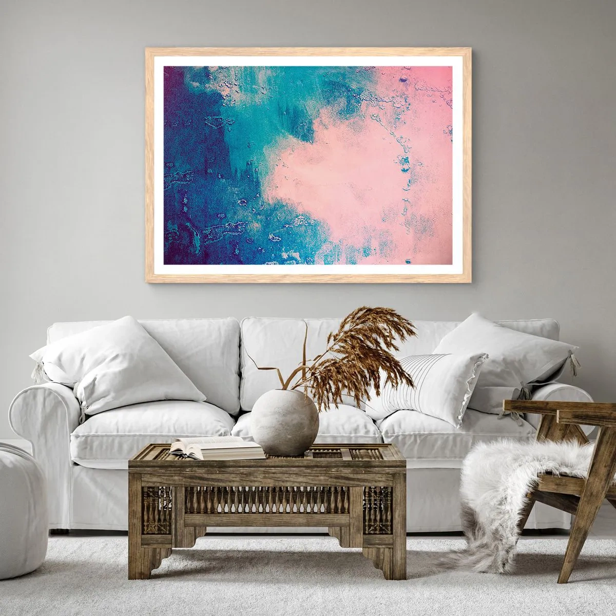 Plagát v ráme zo svetlého duba - Modré objatie - 50x40 cm