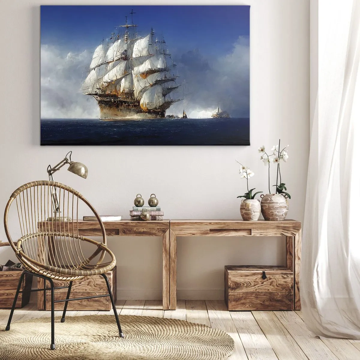 Obraz na plátne - Plachetnica na otvorenom mori pod modrou oblohou - 70x50cm - The great glory! - Moderná nástenná dekorácia do obývacej izby a spálne ARTTOR