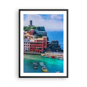 Plagát v čiernom ráme - Farebné mestečko pri modrom mori - 50x70cm - Stredomorské kúzelné mestečko - Moderná nástenná dekorácia do obývacej izby a spálne ARTTOR