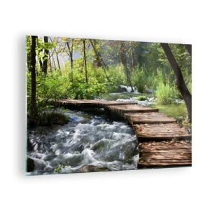 Obraz na skle - Drevený most cez zurčiaci potok - 70x50cm - Pri spenenom vodopáde - Moderná nástenná dekorácia do obývacej izby a spálne ARTTOR