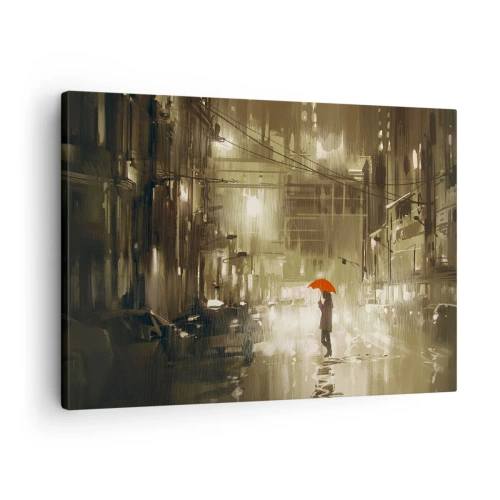 Obraz na plátne - Postava s červeným dáždnikom v daždivom meste - 70x50cm - Sama, ale nie osamelá - Moderná nástenná dekorácia do obývacej izby a spálne ARTTOR
