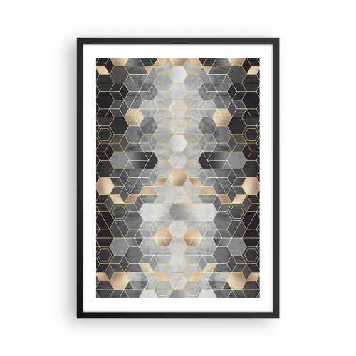 Plagát v čiernom ráme - Geometrický šesťuholníkový vzor v odtieňoch zlatej a sivej - 50x70cm - Diamantová kompozícia - Moderná nástenná dekorácia do obývacej izby a spálne ARTTOR