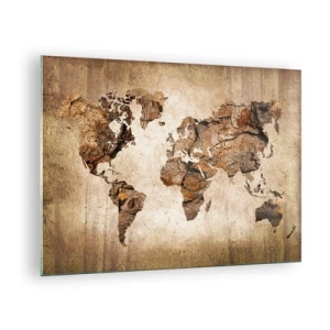 Obraz na skle - Mapa sveta v hnedých odtieňoch imitujúcich drevo - 70x50cm - Objav sveta - Moderná nástenná dekorácia do obývacej izby a spálne ARTTOR