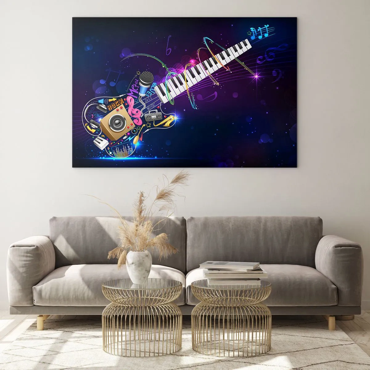 Obraz na skle - Farebná hudobná kompozícia s nástrojmi a notami - 70x50cm - A všetko hrá - Moderná nástenná dekorácia do obývacej izby a spálne ARTTOR