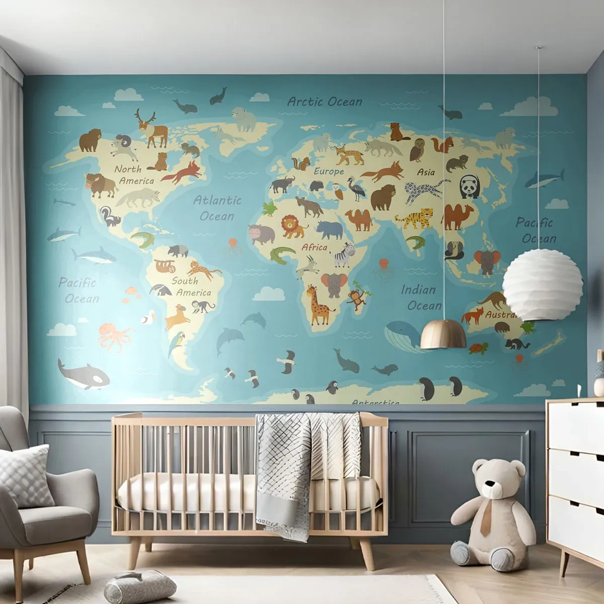 Samolepiaca Fototapeta Deluxe Sticker - Dobrí susedia - Mapa sveta, Mapa so zvieratami, Zvieratá - 250x175 cm