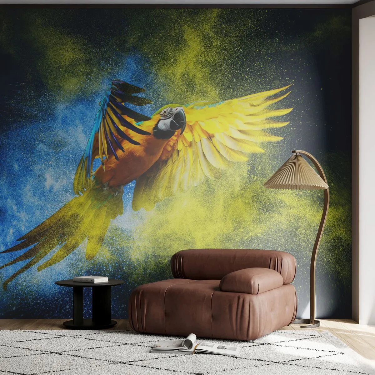 Fototapeta Standard Eco - V modro-zlatom prachu - Papagáj, Abstrakcia, Kus - 300x210 cm