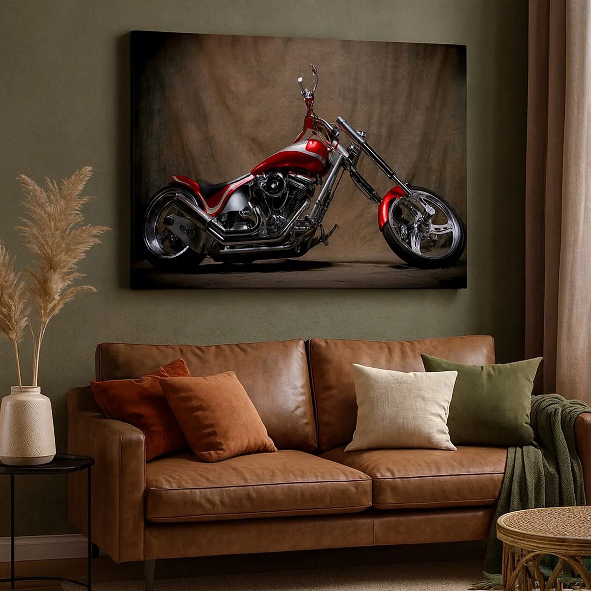 Obraz na plátne - Červený zákazkový motocykel na hnedom látkovom pozadí - 70x50cm - Červeno-strieborná krása - Moderná nástenná dekorácia do obývacej izby a spálne ARTTOR