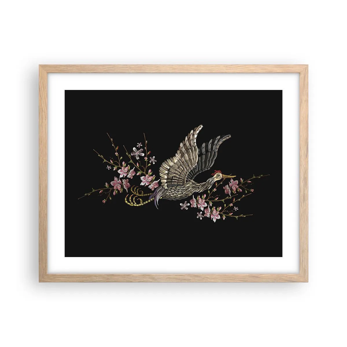 Plagát v ráme zo svetlého duba - Exotický vyšívaný vták - 50x40 cm