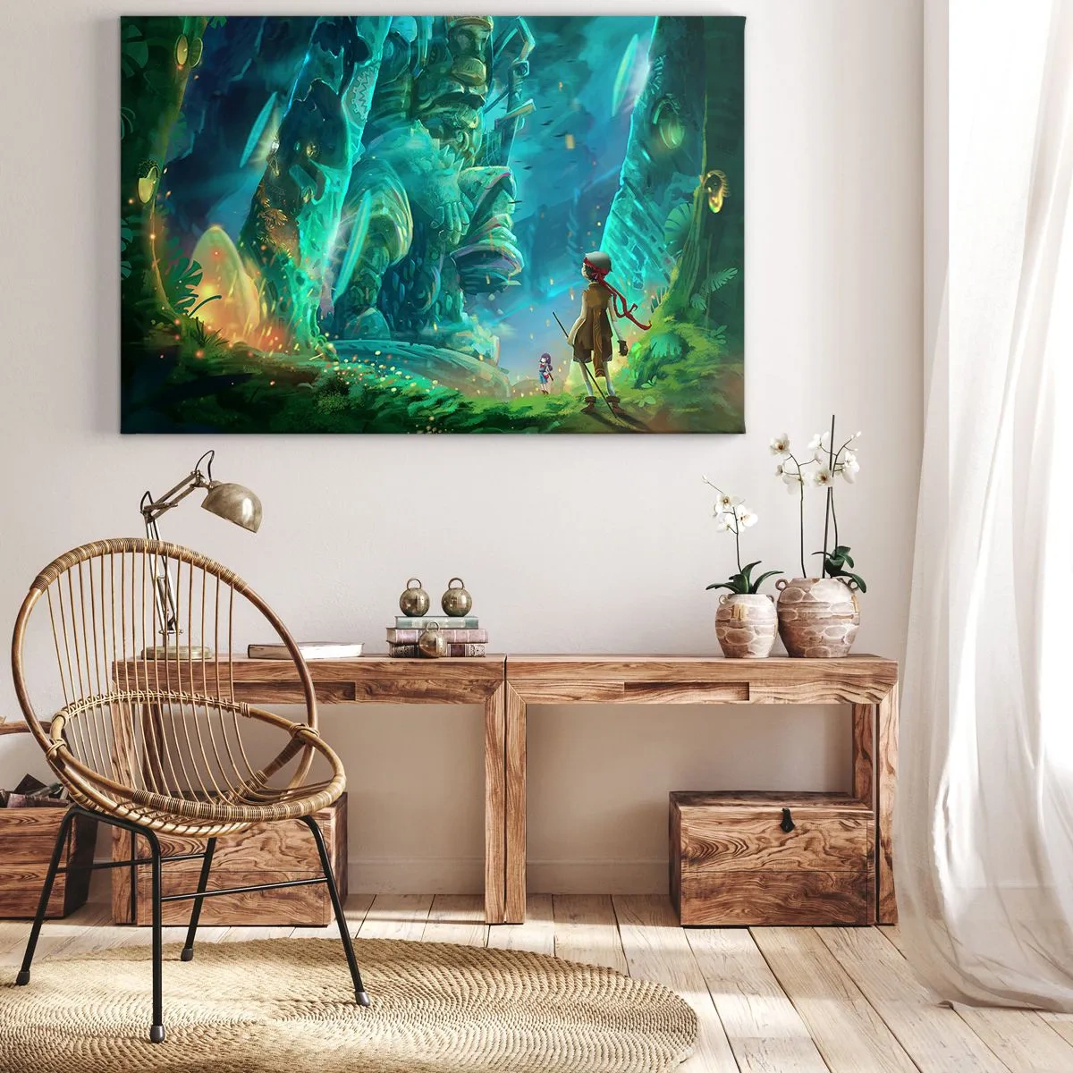 Obraz na plátne - Čarovný les s postavou prieskumníka - 70x50cm - Z veľkej Knihy rozprávok - Moderná nástenná dekorácia do obývacej izby a spálne ARTTOR