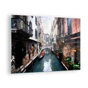 Obraz na skle - Benátsky kanál s gondolou obklopený historickými budovami - 70x50cm - Benátska krajina s gondolou a mostíkom - Moderná nástenná dekorácia do obývacej izby a spálne ARTTOR