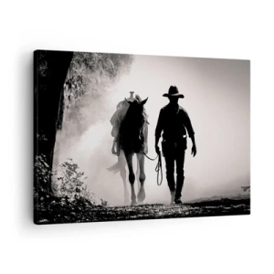 Obraz na plátne - Kovboj s koňom v rannej hmle - 70x50cm - Texaské ráno - Moderná nástenná dekorácia do obývacej izby a spálne ARTTOR