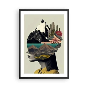 Plagát v čiernom ráme - Žena so surrealistickou krajinou v hlave - 50x70cm - Žena – vždy tajomstvo - Moderná nástenná dekorácia do obývacej izby a spálne ARTTOR