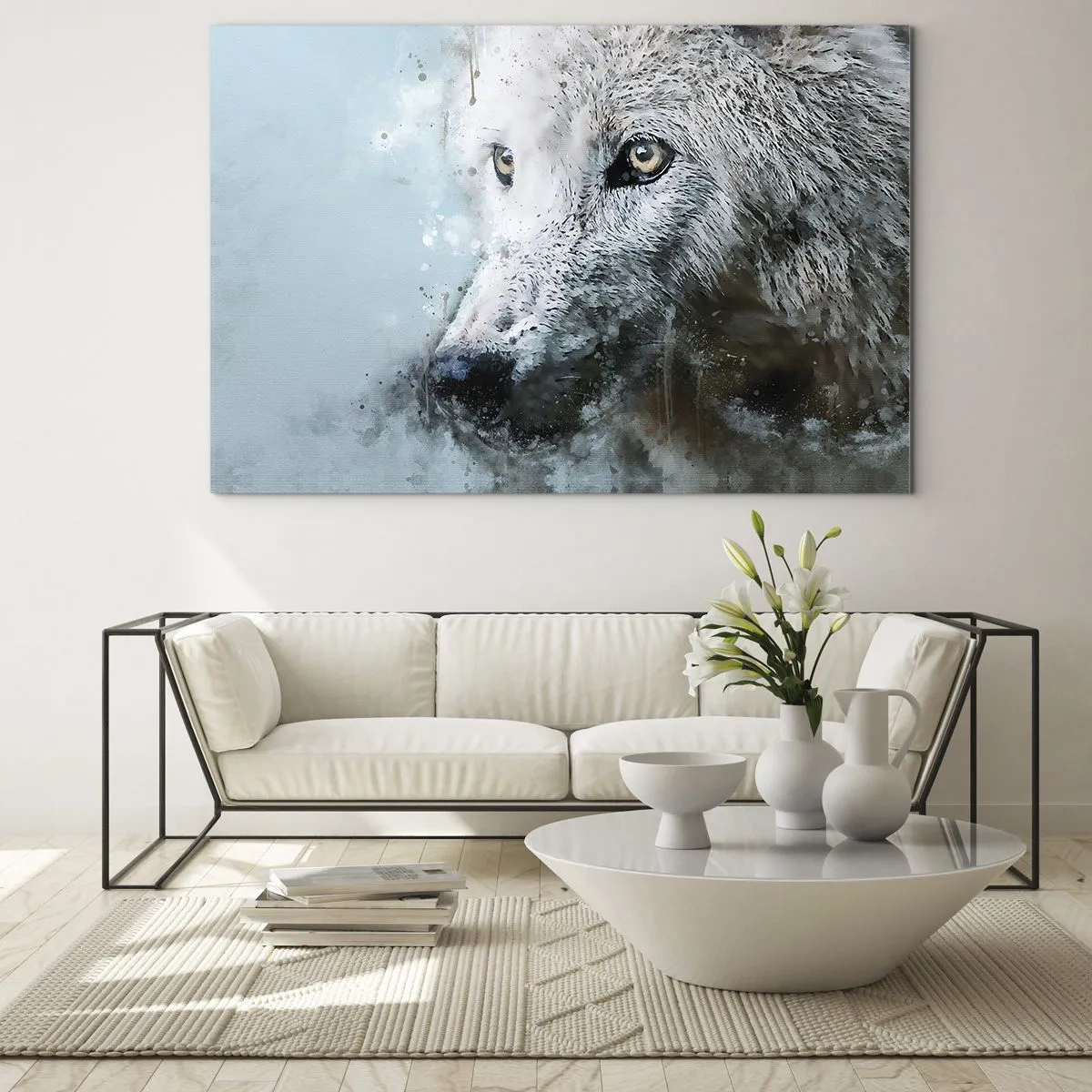 Obraz na skle - Portrét vlka s umeleckými, rozmazanými akcentmi v odtieňoch modrej - 70x50cm - Zoznámte sa s vlčou dušou - Moderná nástenná dekorácia do obývacej izby a spálne ARTTOR