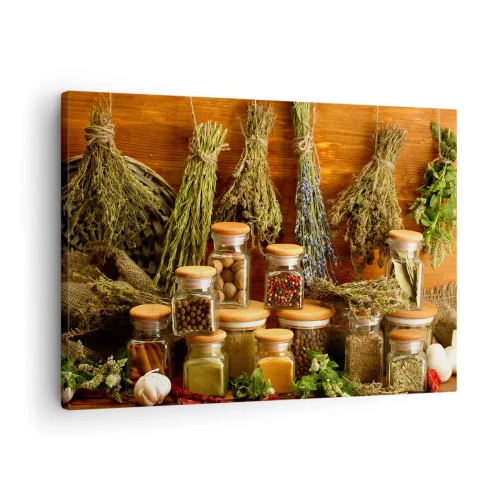 Obraz na plátne - Bylinky a koreniny v pohároch na rustikálnom pozadí - 70x50cm - Kuchynské kúzla - Moderná nástenná dekorácia do obývacej izby a spálne ARTTOR