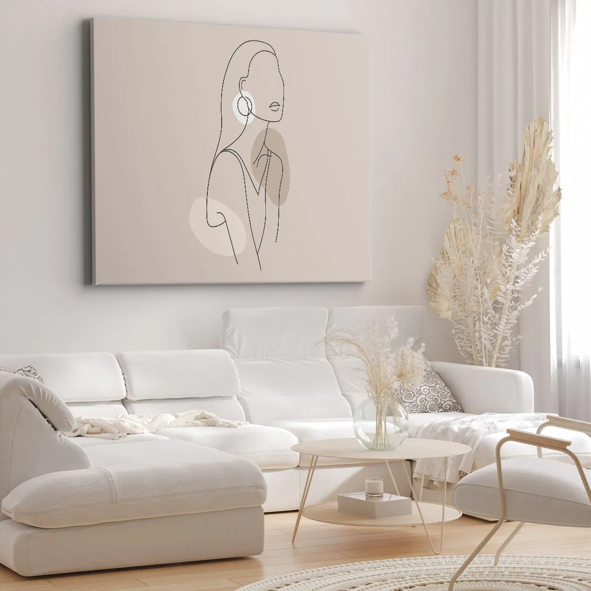 Obraz na plátne - Minimalistická ilustrácia ženy s obrysmi na béžovom pozadí - 70x50cm - Dievčenská ikona - Moderná nástenná dekorácia do obývacej izby a spálne ARTTOR