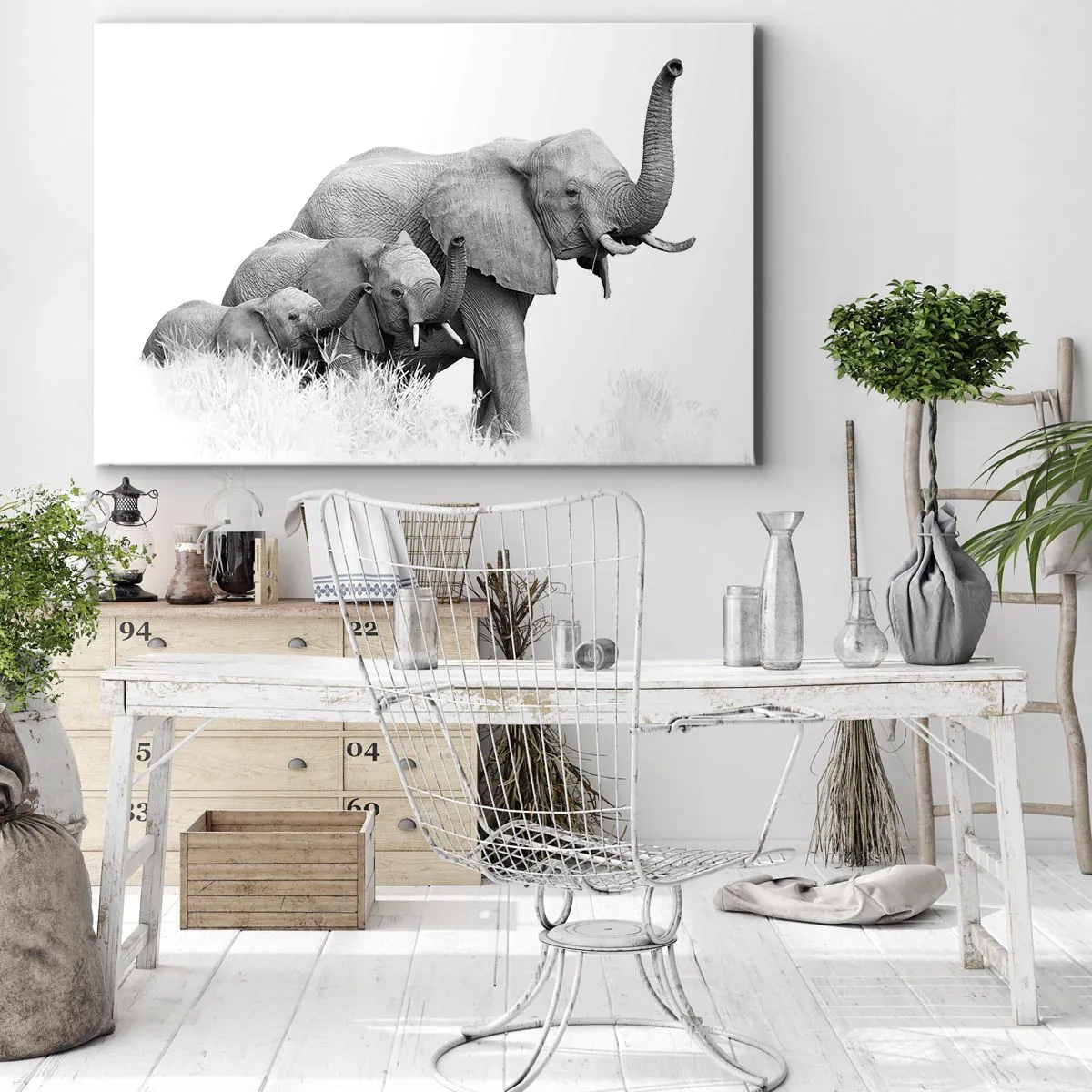 Obraz na plátne - Rodina slonov na pozadí africkej krajiny v čiernobielej farbe. - 70x50cm - Jedna, dve, tri - Moderná nástenná dekorácia do obývacej izby a spálne ARTTOR