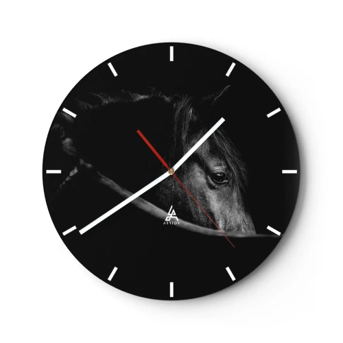 Nástenné hodiny - Portrét čierneho koňa na tmavom, hlbokom pozadí - 30x30cm - Čierny knieža - Moderná nástenná dekorácia do obývacej izby, kuchyne a spálne ARTTOR