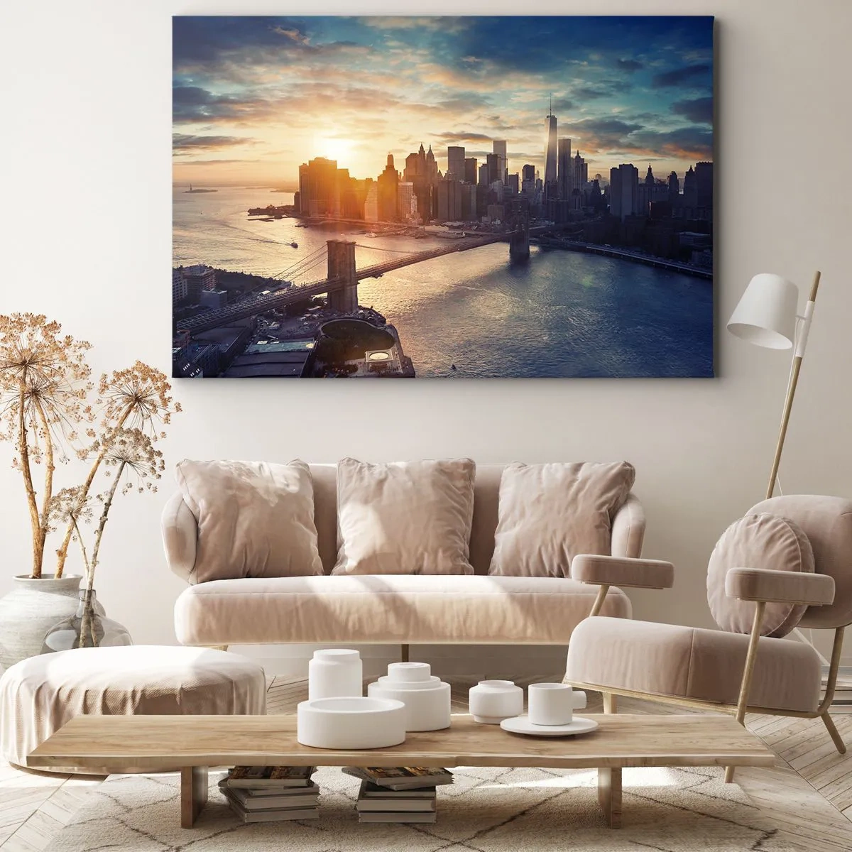 Obraz na plátne - Panoráma mesta s mostom a riekou vo svetle zapadajúceho slnka - 70x50cm - Pomník kultúry Západu - Moderná nástenná dekorácia do obývacej izby a spálne ARTTOR