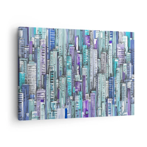 Obraz na plátne - Ilustrácia mesta s geometrickými budovami v odtieňoch modrej a fialovej. - 70x50cm - Zmodralé od neba  - Moderná nástenná dekorácia do obývacej izby a spálne ARTTOR