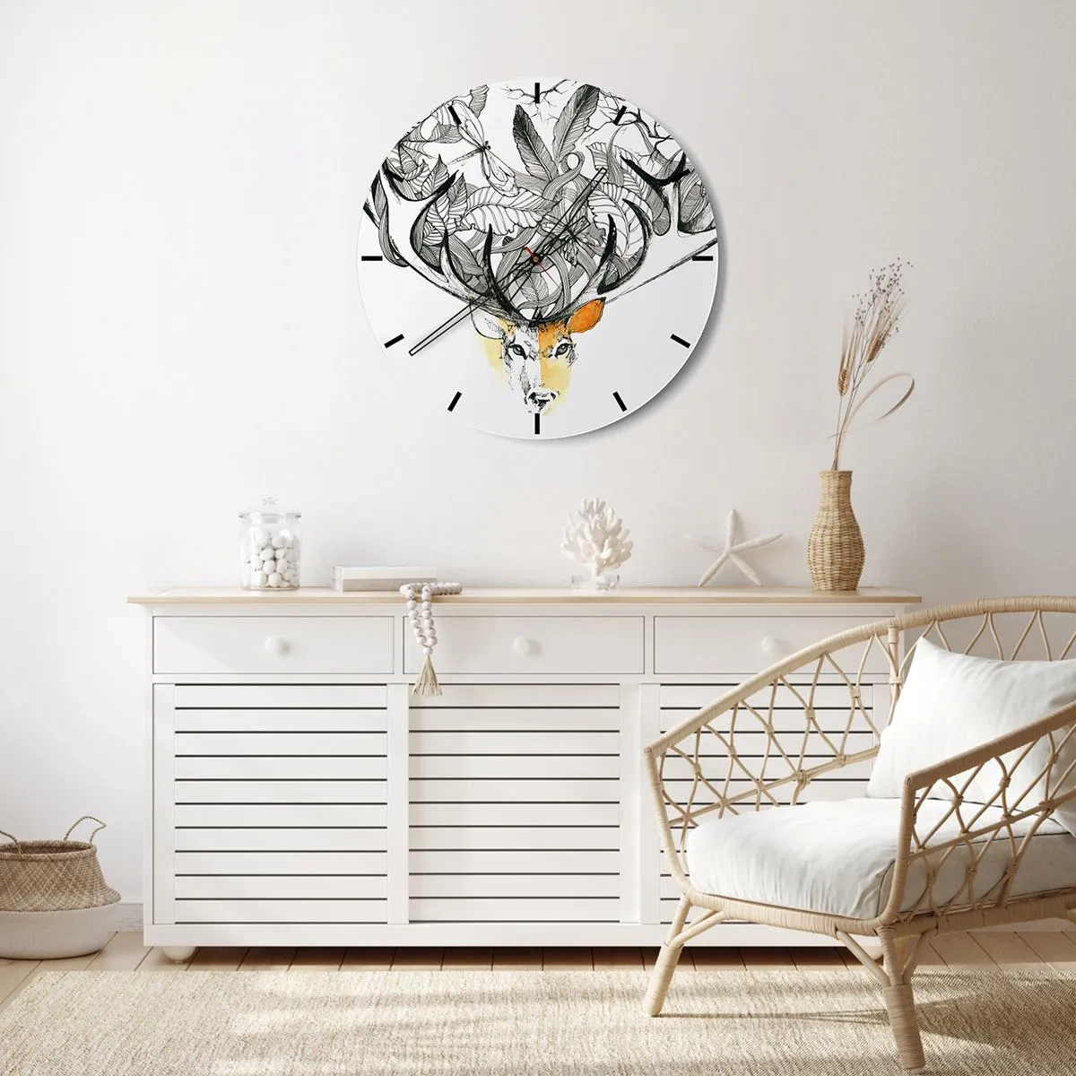 Nástenné hodiny - Umelecká kresba jeleňa s roztiahnutými parohmi a listami - 30x30cm - Rohy hojnosti - Moderná nástenná dekorácia do obývacej izby, kuchyne a spálne ARTTOR
