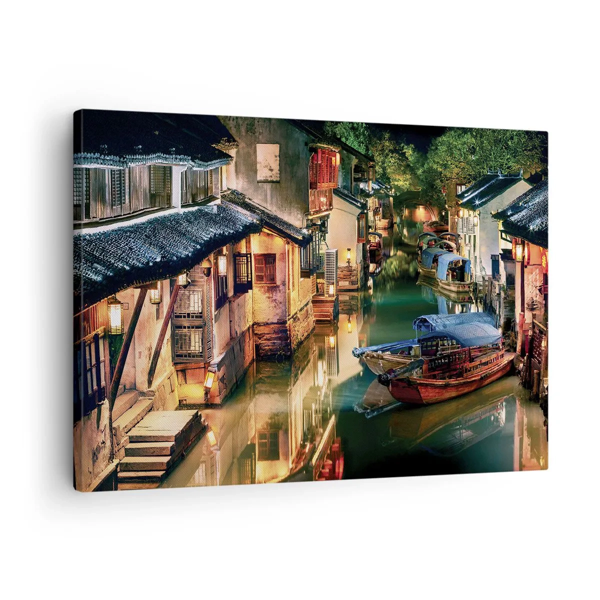 Obraz na plátne - Nočný pohľad na kanály s tradičnými loďkami a domami - 70x50cm - Večer na čínskej ulici - Moderná nástenná dekorácia do obývacej izby a spálne ARTTOR