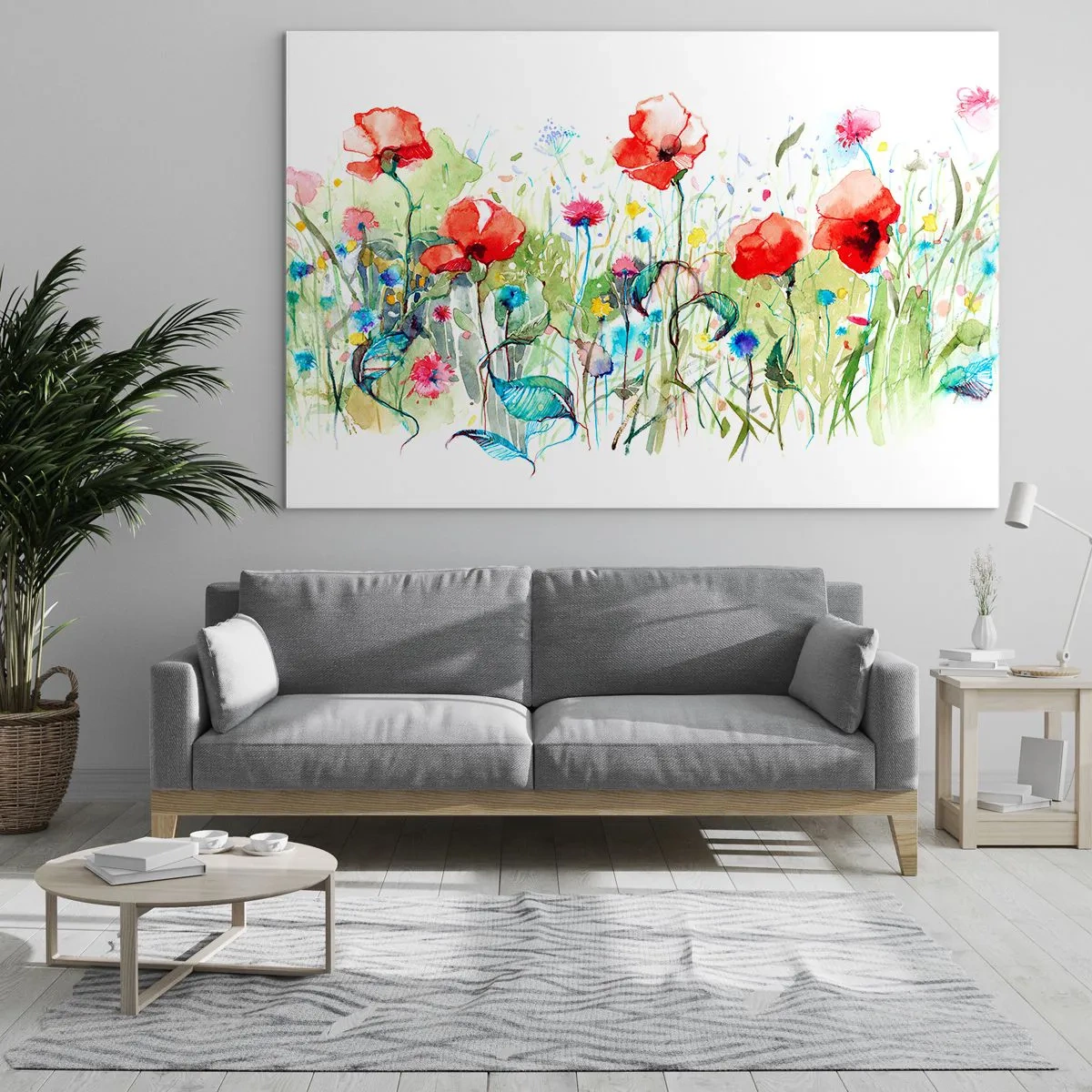 Obraz na skle - Farebné vlčie maky a divoké kvety v akvarelovom štýle - 70x50cm - Kvitnúca lúka v máji - Moderná nástenná dekorácia do obývacej izby a spálne ARTTOR