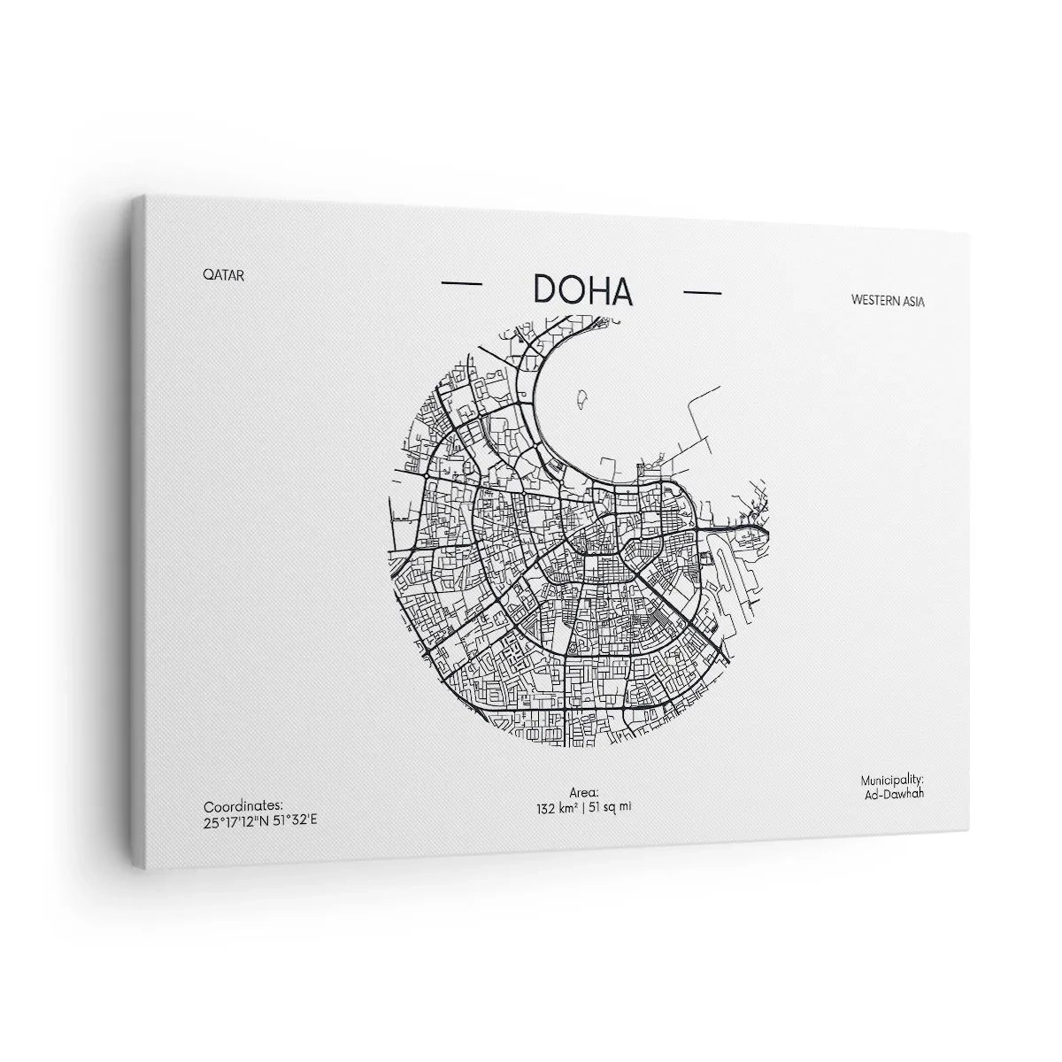 Obraz na plátne - Minimalistická mapa Dauhy v čiernobielej farbe s presnými detailmi. - 70x50cm - Anatómia Dauhy - Moderná nástenná dekorácia do obývacej izby a spálne ARTTOR