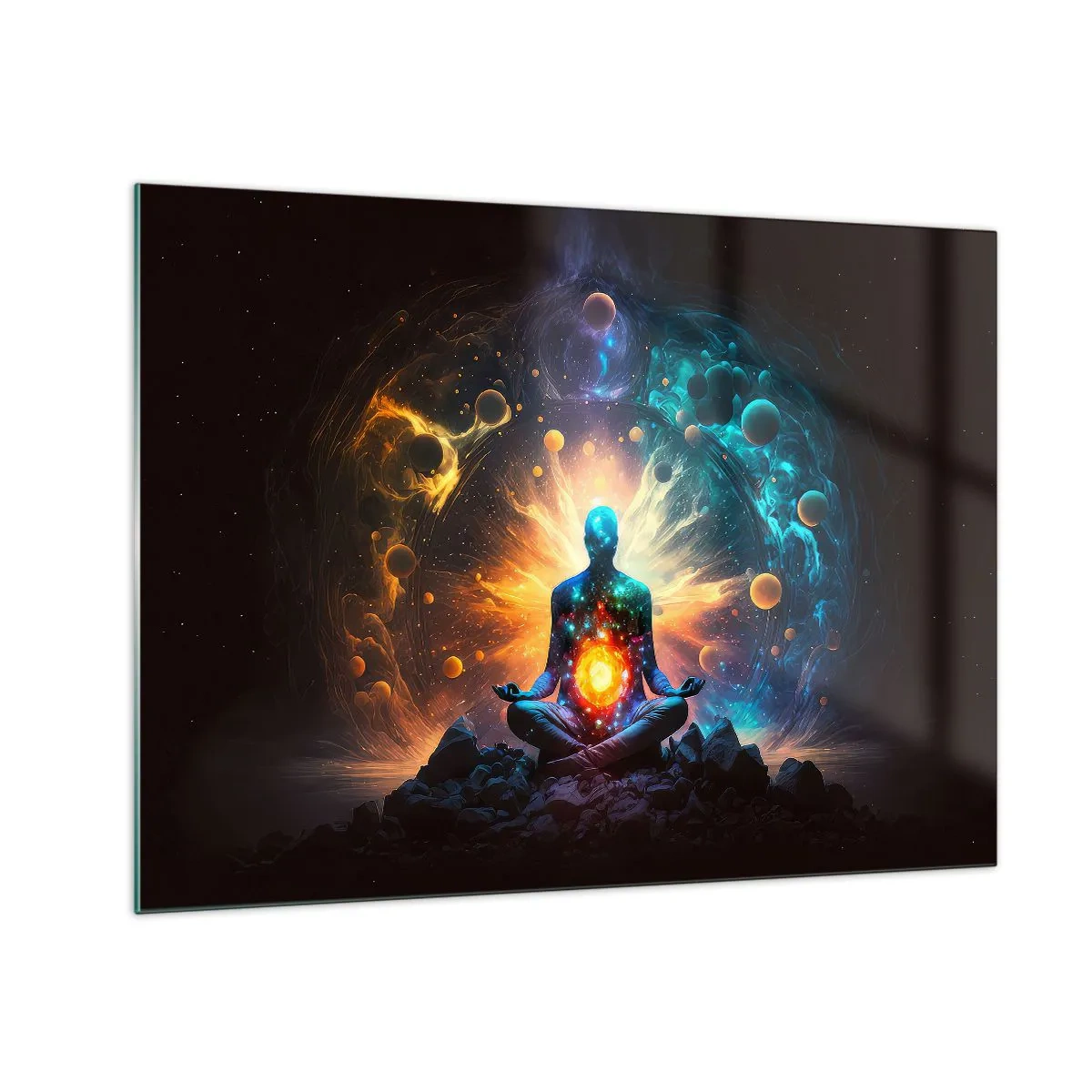 Obraz na skle - Meditujúca silueta v kozmickej explózii farieb - 70x50cm - Vesmírny pokoj - Moderná nástenná dekorácia do obývacej izby a spálne ARTTOR