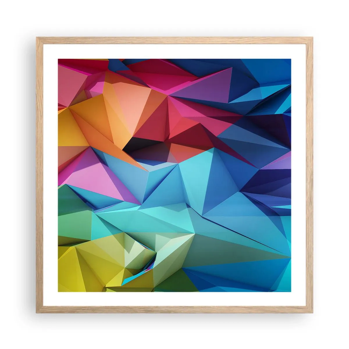Plagát v ráme zo svetlého duba - Dúhové origami - 60x60 cm