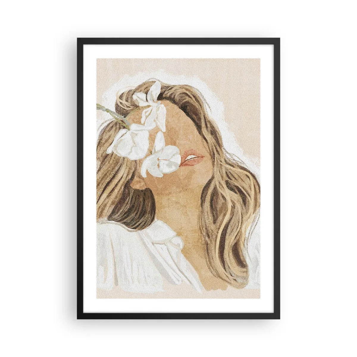Plagát v čiernom ráme - Portrét ženy s kvetmi zakrývajúcimi jej tvár - 50x70cm - Medzi kvetinami - Moderná nástenná dekorácia do obývacej izby a spálne ARTTOR