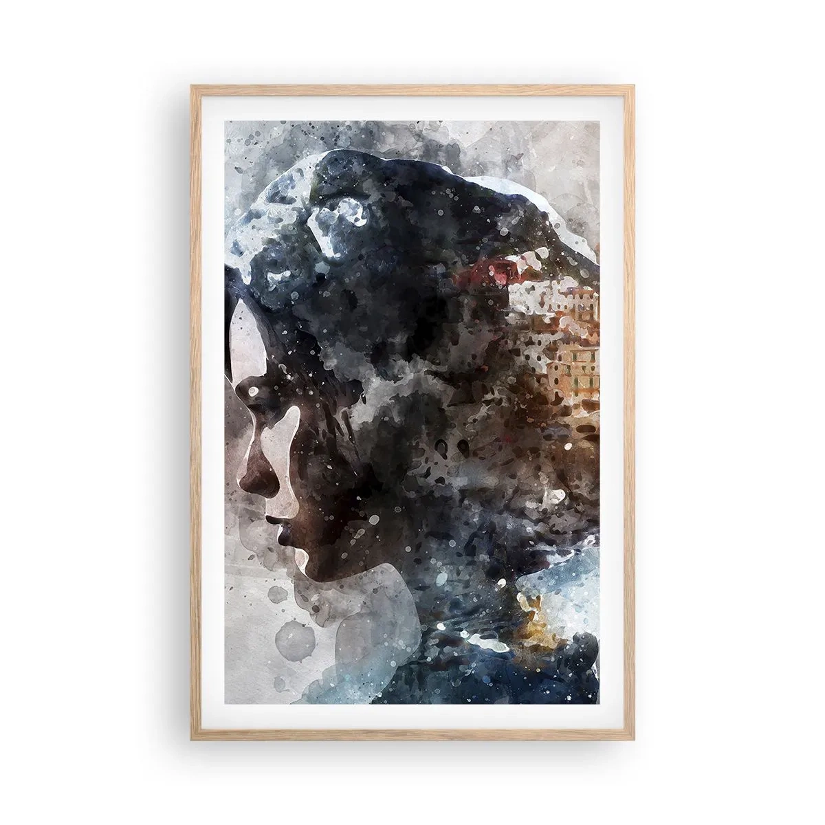 Plagát v ráme zo svetlého duba - Príbeh o dievčati s mestom v pozadí - 61x91 cm