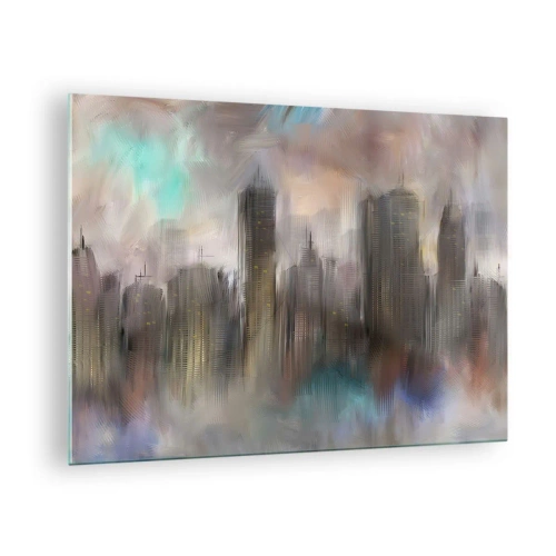 Obraz na skle - Abstraktný obraz mesta s mrakodrapmi - 70x50cm - Kompozícia z ocele, kameňa a hmly - Moderná nástenná dekorácia do obývacej izby a spálne ARTTOR