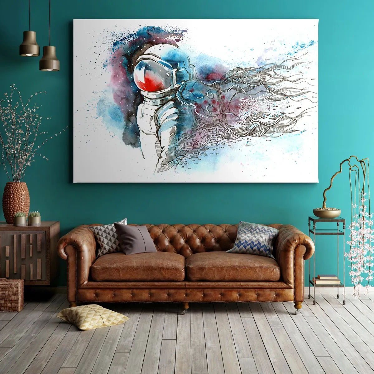 Obraz na plátne - Kozmonaut v dynamickom akvarelovom obraze s kozmickými detailmi - 70x50cm - Sám s vesmírom - Moderná nástenná dekorácia do obývacej izby a spálne ARTTOR
