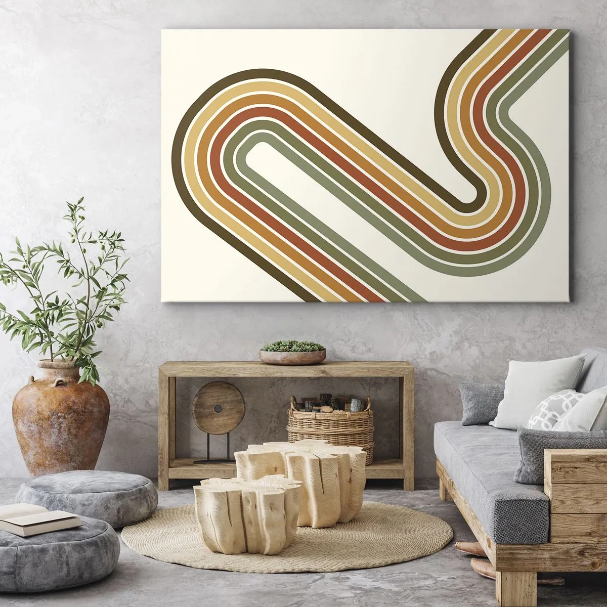 Obraz na plátne - Geometrický vzor v odtieňoch zelenej, oranžovej a béžovej na svetlom pozadí - 70x50cm - Kľučkovanie do cieľa - Moderná nástenná dekorácia do obývacej izby a spálne ARTTOR