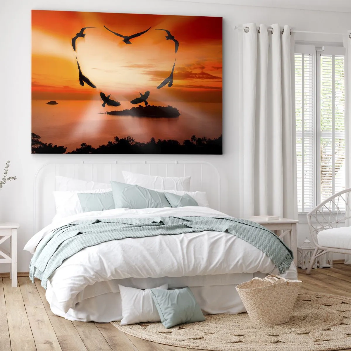 Obraz na plátne - Vtáky tvoriace srdce na pozadí zapadajúceho slnka - 70x50cm - Miluj svet ako vtáky - Moderná nástenná dekorácia do obývacej izby a spálne ARTTOR