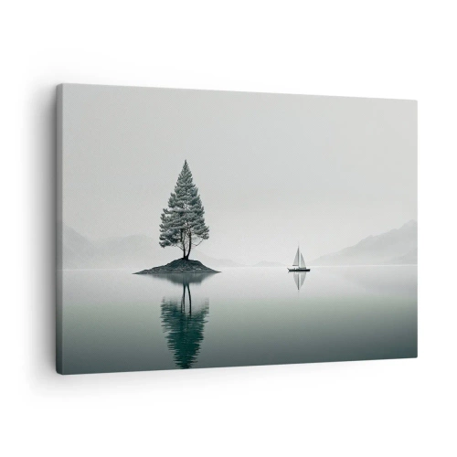 Obraz na plátne - Minimalistická krajina so stromom na ostrove a plachetnicou. - 70x50cm - Snívanie - Moderná nástenná dekorácia do obývacej izby a spálne ARTTOR