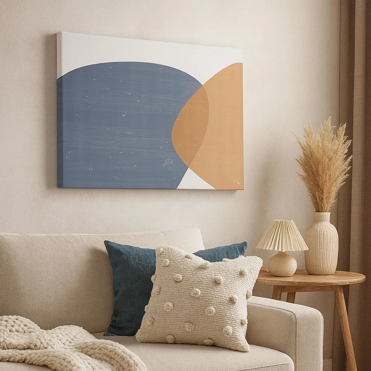 Obraz na plátne - Minimalistická geometrická kompozícia v odtieňoch modrej a oranžovej. - 70x50cm - Ovály a vplyvy - Moderná nástenná dekorácia do obývacej izby a spálne ARTTOR