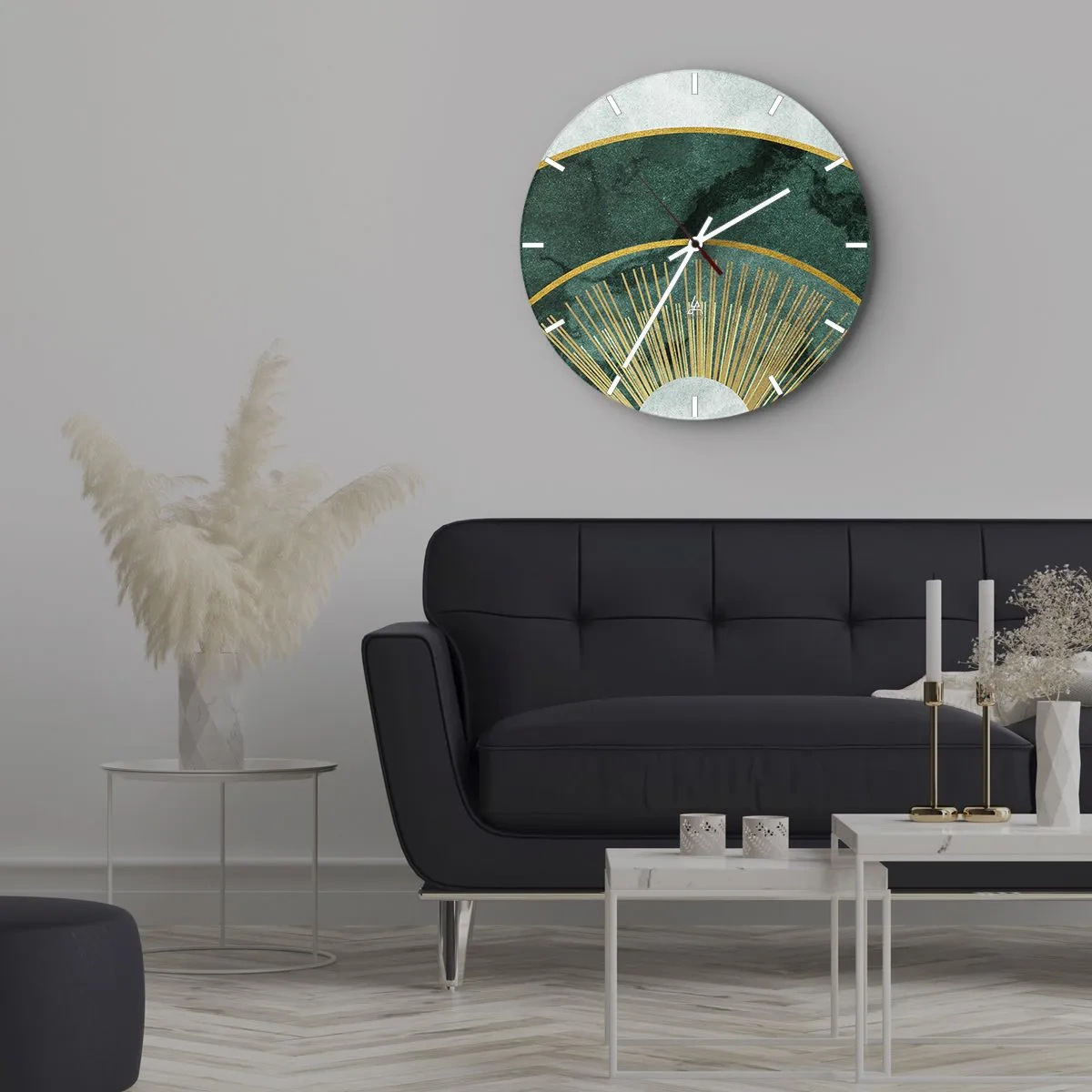 Nástenné hodiny - Zelená a zlatá grafika s lúčmi pripomínajúcimi východ slnka - 30x30cm - Iná slnečná sústava - Moderná nástenná dekorácia do obývacej izby, kuchyne a spálne ARTTOR