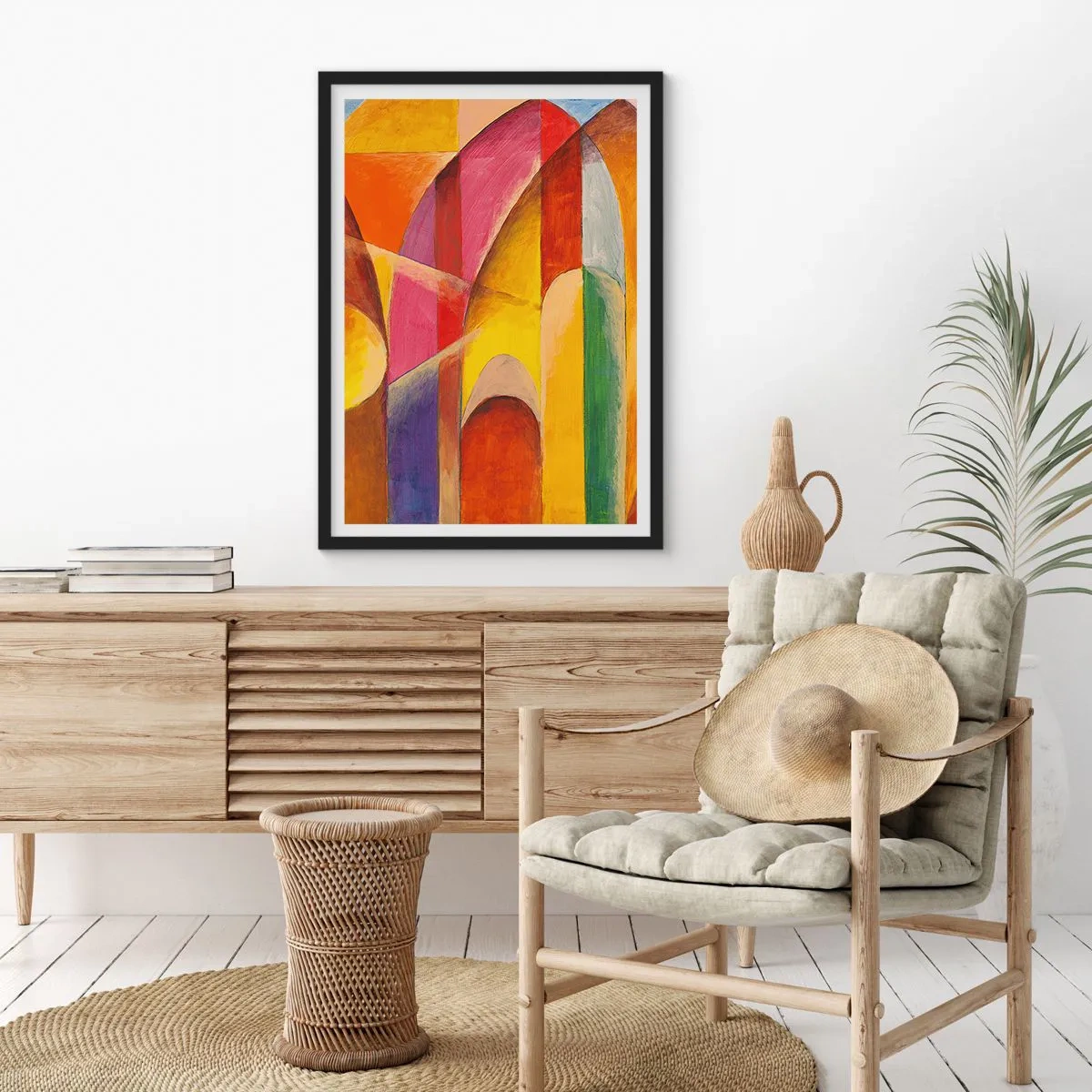 Plagát v čiernom ráme - Farebná abstrakcia s geometrickými tvarmi - 50x70cm - Katedrála slnka - Moderná nástenná dekorácia do obývacej izby a spálne ARTTOR
