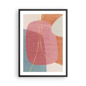 Plagát v čiernom ráme - Farebná abstrakcia s geometrickými tvarmi a zlatými čiarami - 50x70cm - Pastelová kompozícia so zlatou niťou - Moderná nástenná dekorácia do obývacej izby a spálne ARTTOR
