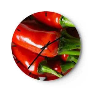 Nástenné hodiny - Detailný záber červených chilli papričiek - 30x30cm - Šťavnaté, lesklé, hladké - Moderná nástenná dekorácia do obývacej izby, kuchyne a spálne ARTTOR