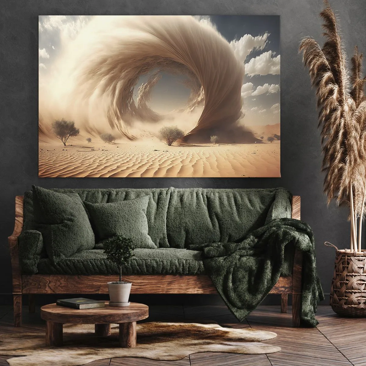 Obraz na plátne - Dynamický pieskový vír v púšti so stromami - 70x50cm - Otvorený portál - Moderná nástenná dekorácia do obývacej izby a spálne ARTTOR
