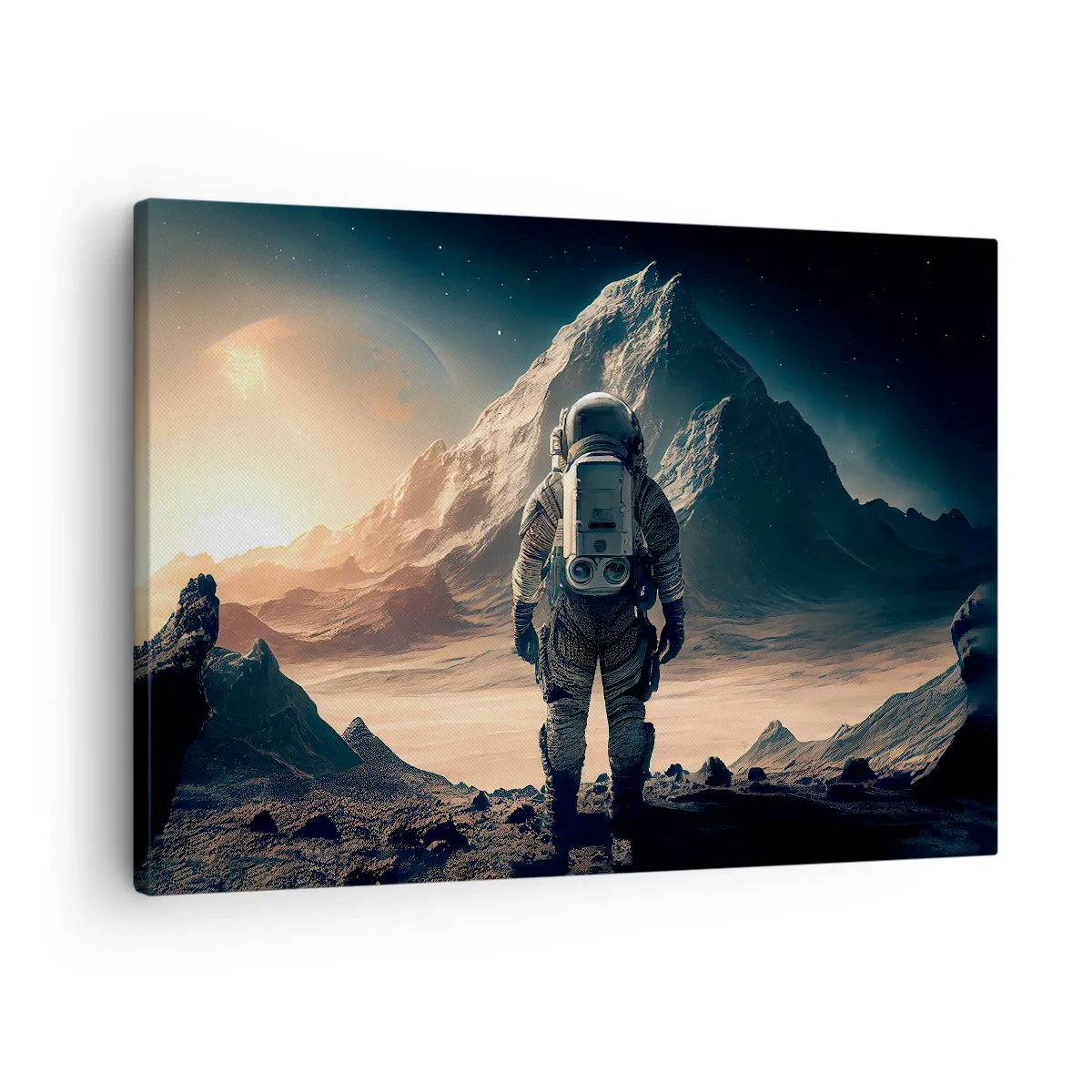 Obraz na plátne - Astronaut na pozadí majestátnych hôr - 70x50cm - Nová výzva - Moderná nástenná dekorácia do obývacej izby a spálne ARTTOR